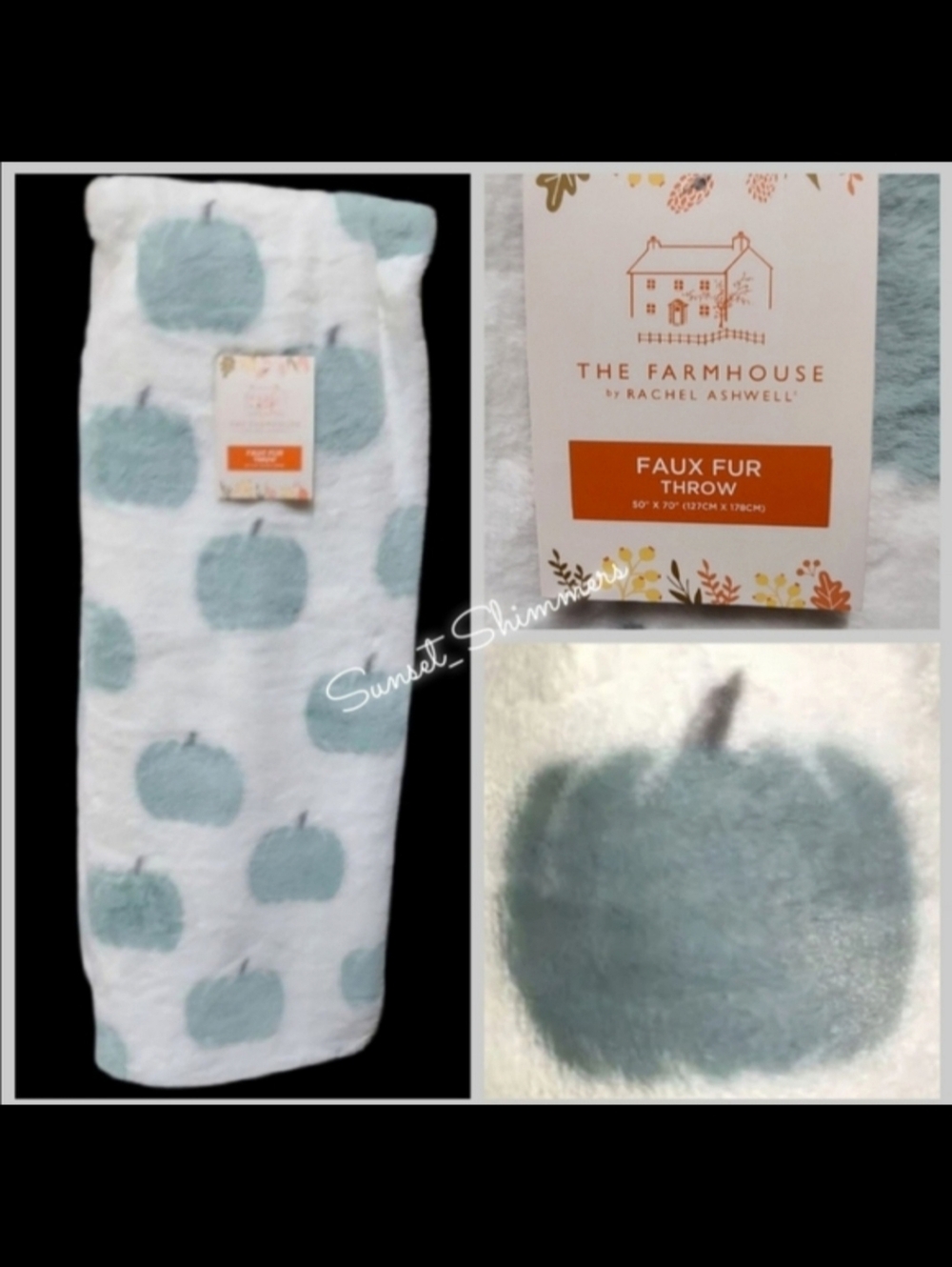 Rachel Ashwell Blue Pumpkin Plush Faux Fur Throw Blanket Thanksgiving Fall Decor